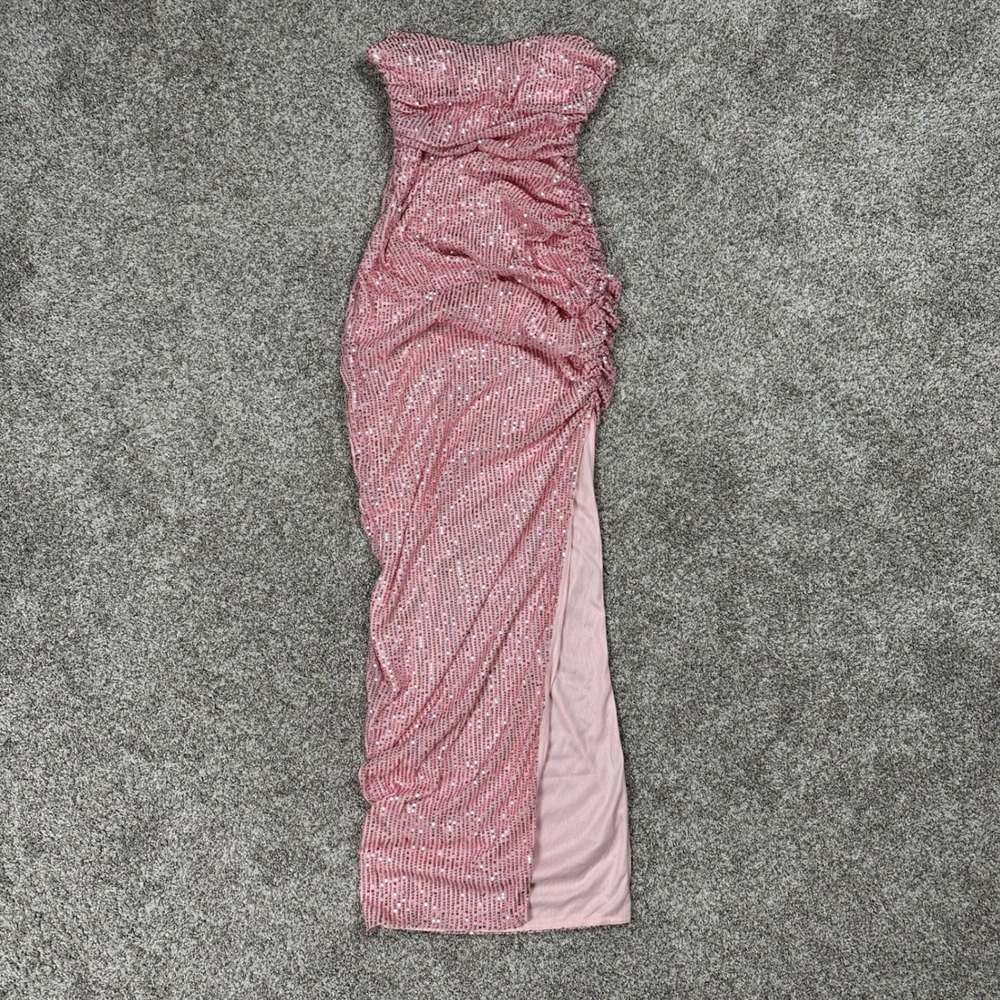 Lucy In The Sky Dress Womens M Pink Sequin Ruched Slit Maxi Strapless Bodycon